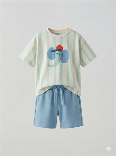 Erkek Çocuk Pamuklu Bej Çizgili Fil Baskılı T-Shirt Şort Takım - Bağcıklı Rahat Set