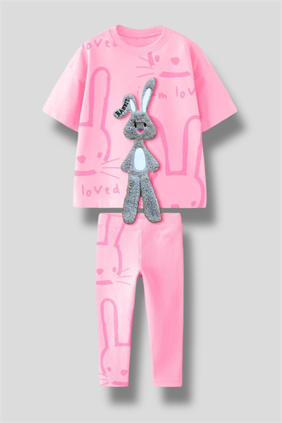 Kız Çocuk 3D Tavşan Detaylı Tişört ve Desenli Tayt Takımı – 2li Set, Pamuklu ve Rahat