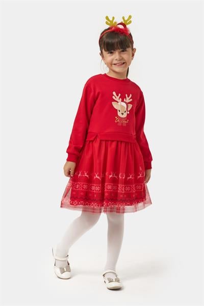 Kız Çocuk Pamuklu Kırmızı Geyik Desenli Tüllü Elbise - Yılbaşı Konseptli Oh Deer Baskılı