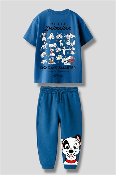 Erkek Çocuk Pamuklu Yeşil Sevimli Köpek Desenli Eşofman Takımı – T-shirt ve Jogger Alt