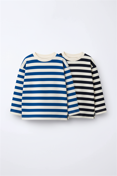 Unisex Çocuk Pamuklu Lacivert ve Mavi Çizgili Uzun Kollu T-Shirt 2li Paket