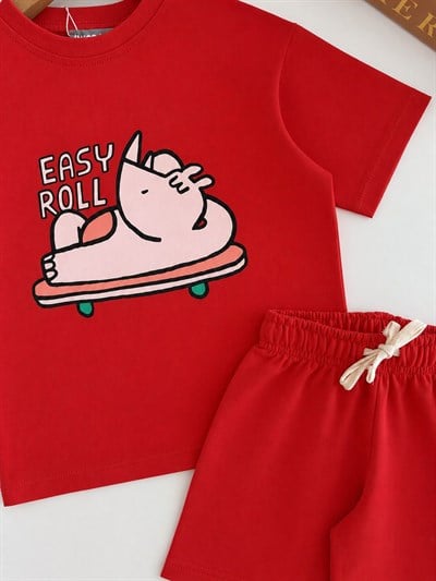 Erkek Çocuk Pamuklu Gergedan Baskılı Kırmızı T-shirt Şort Takım