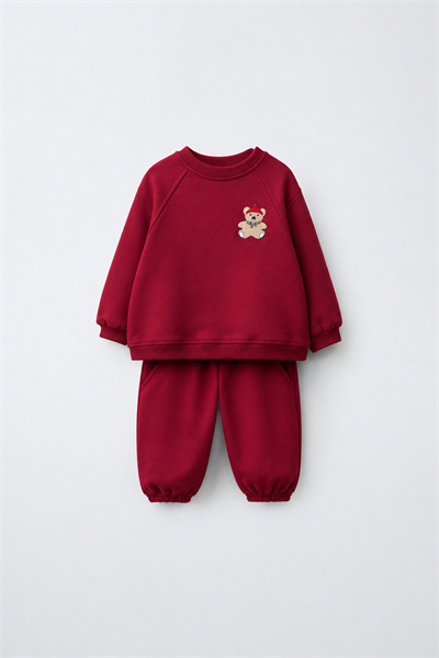 Çocuk Pamuklu Ayıcık Nakışlı Bordo Sweatshirt ve Eşofman Altı Takımı