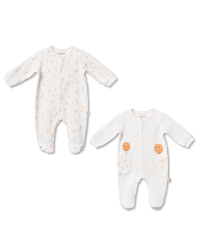 Unisex Bebek Pamuklu Ekru 2li Patikli Tulum Seti - Desenli ve Cepli