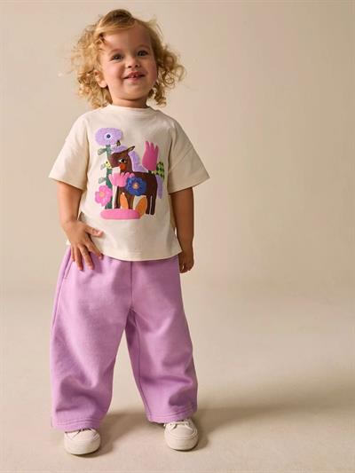 Kız Çocuk Pamuklu Krem Baskılı T-Shirt ve Lila Pantolon Takım