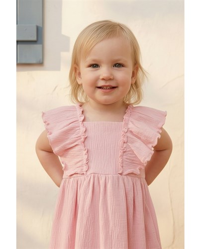 Kız Çocuk Pamuklu Pembe Müslin Elbise