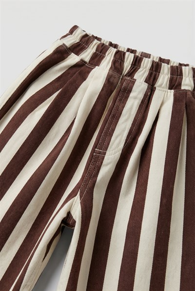 Unisex Oversize Çocuk Pamuklu Kahverengi Çizgili Pantolon - Elastik Belli