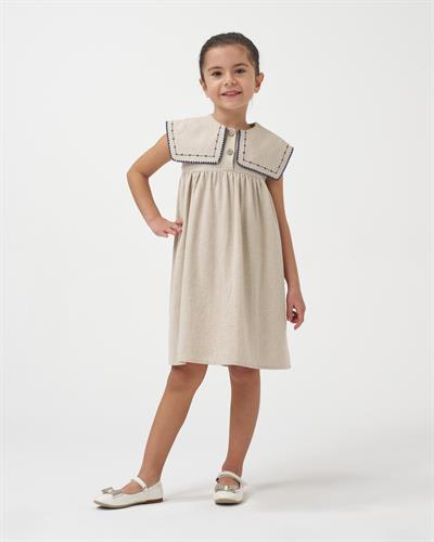 Kız Çocuk Keten Bej Nakışlı Geniş Yaka Elbise 