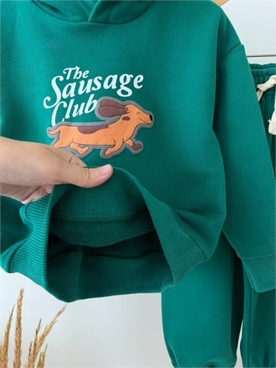 Çocuk Pamuklu Köpek Baskılı Yeşil Kapüşonlu Sweatshirt ve Eşofman Altı Takımı