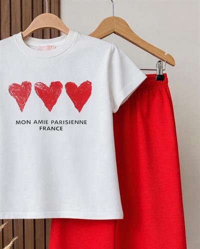 Kız Çocuk Pamuklu Ekru Kalp Baskılı T-Shirt ve Kırmızı Eşofman Takım