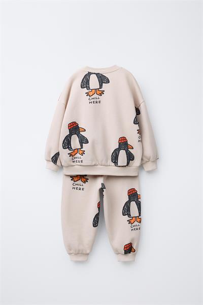 Unisex Çocuk Pamuklu Ekru Penguen Desenli Sweatshirt ve Eşofman Takım