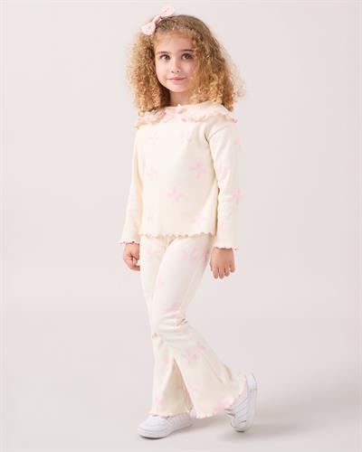 Kız Çocuk Pamuklu Ekru Pembe Fiyonklu Ribana Takım - Uzun Kollu Üst ve İspanyol Paça Alt