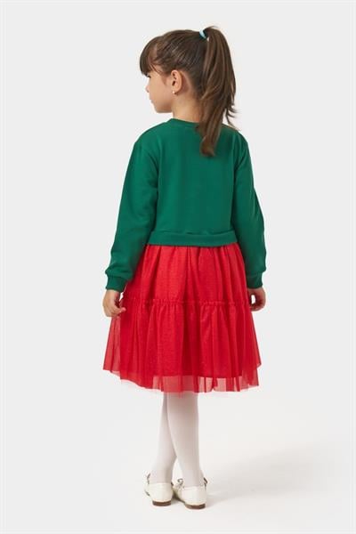 Kız Çocuk Pamuklu Yeşil Geyik Desenli Sweatshirt ve Kırmızı Tül Etek Takımı - Yılbaşı Konseptli