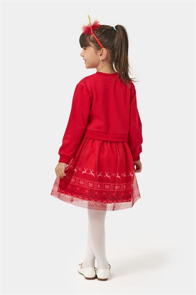 Kız Çocuk Pamuklu Kırmızı Geyik Desenli Tüllü Elbise - Yılbaşı Konseptli Oh Deer Baskılı