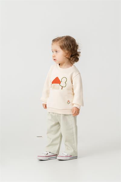 Kız Çocuk Pamuklu Ekru Ev Nakışlı Sweatshirt ve Pantolon Takım