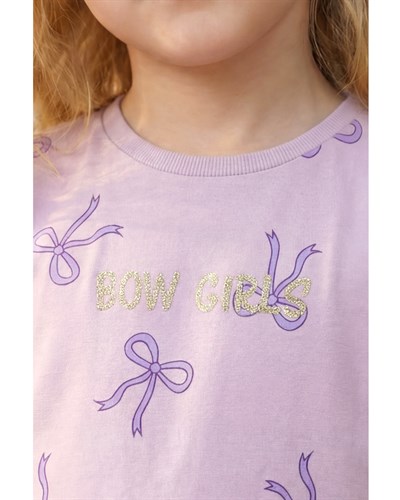 Kız Çocuk Pamuklu Lila Fiyonk Desenli Tül Elbise