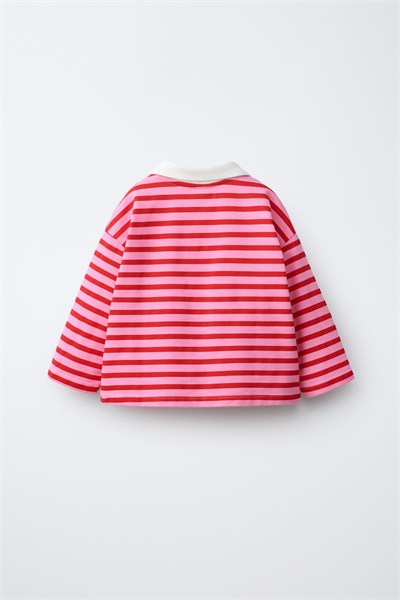 Kız Çocuk Pamuklu Polo Yaka Pembe Çizgili Sweatshirt