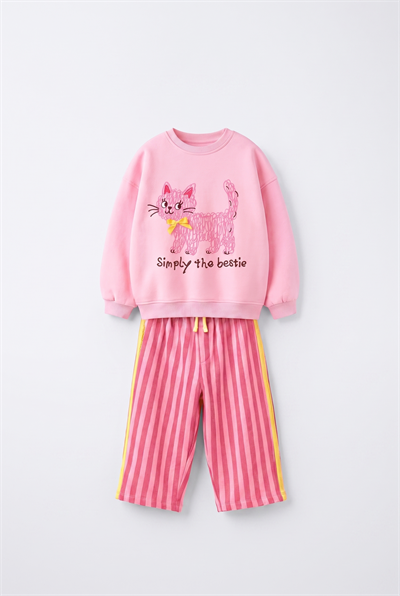 Kız Çocuk Kedi Baskılı Pembe Sweatshirt ve Çizgili Bol Paça Eşofman Takımı