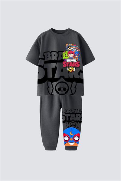 Brawl Stars Çocuk Eşofman Takımı Koyu Gri Tişört ve Eşofman Alt-Üst Takım