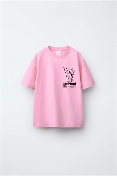 Kız Çocuk Pamuklu Pembe Baskılı T-shirt – Kısa Kollu Günlük Üst