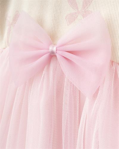 Kız Bebek Pamuklu Ekru Pembe Tüllü Fiyonklu Elbise - Uzun Kollu Ribana