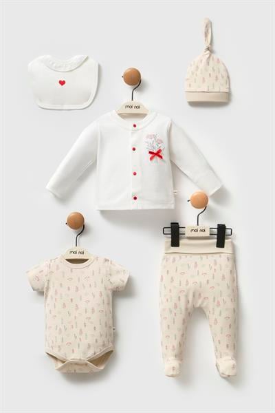 Kız Bebek Pamuklu Ekru Çiçek Desenli 5li Hastane Çıkışı Seti - Body, Hırka, Pantolon, Şapka ve Önlük