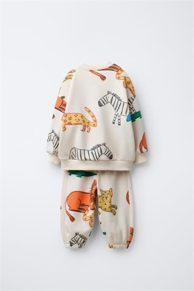 Unisex Çocuk Pamuklu Krem Safari Hayvan Desenli Sweatshirt ve Jogger Eşofman Takım