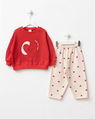 Çocuk Pamuklu Kalp Detaylı Kırmızı Sweatshirt ve Kalp Desenli Eşofman Takımı