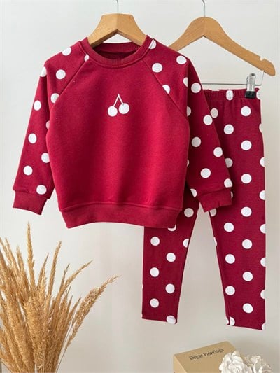 Kız Çocuk Pamuklu Kiraz Baskılı Bordo Sweatshirt ve Tayt Takımı