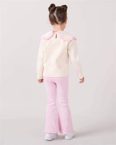 Kız Çocuk Pamuklu Lila Fiyonklu Volan Yaka Sweatshirt ve İspanyol Paça Pantolon Takım