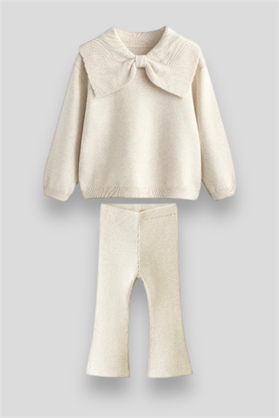 Triko Fiyonk Desenli Kışlık Pamuklu Sweatshirt Tayt Alt-Üst Takım Kız Çocuk 