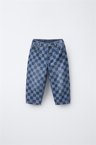 Erkek Çocuk Kare Desenli Mavi Denim Pantolon