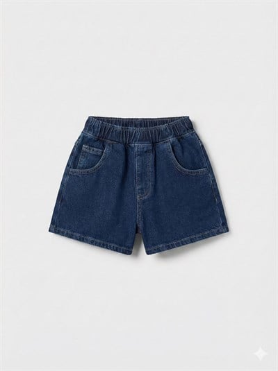 Unisex Çocuk Pamuklu Lacivert Jean Şort - Elastik Belli Cepli
