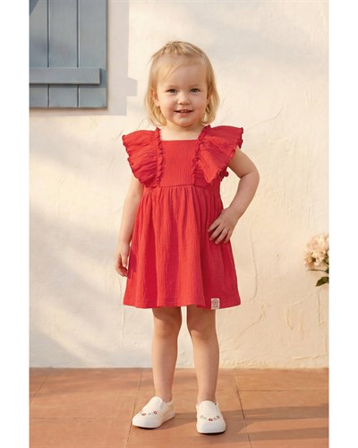 Kız Çocuk Pamuklu Kırmızı Müslin Elbise