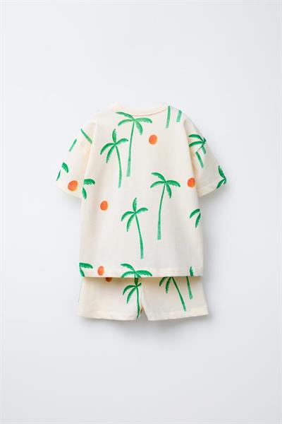 Unisex Çocuk Pamuklu Ekru Palmiye Desenli T-shirt ve Şort Takım