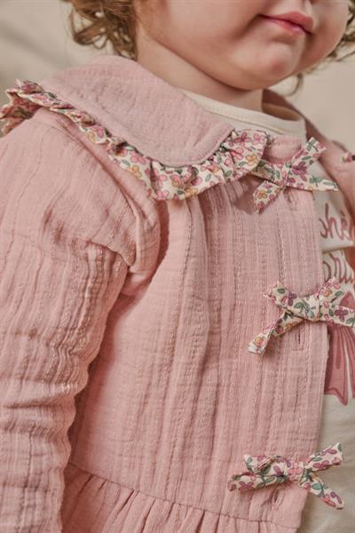 Kız Bebek Pamuklu Pudra Yakalı Müslin 3lü Takım - Ceket Tişört Pantolon