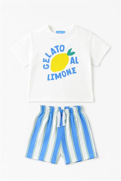 Erkek Çocuk Pamuklu Beyaz Limon Baskılı T-Shirtli Çizgili Şort Takım