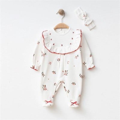 Kız Bebek Pamuklu Ekru Çiçek Desenli Tulum ve Bandana Set