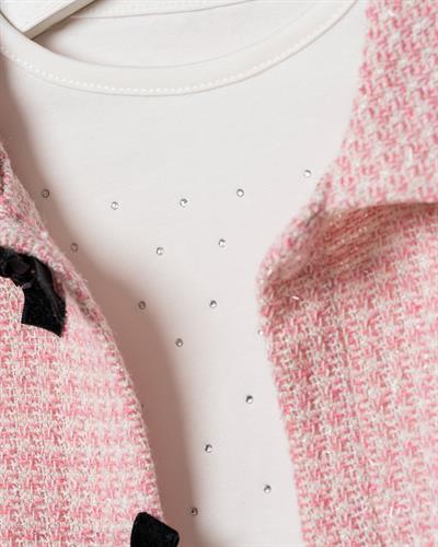 Kız Çocuk Pamuklu Pembe Dokulu Ceketli Etek Takım – T-Shirt Dahil 3lü