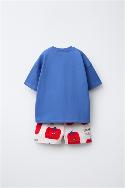 Unisex Çocuk Pamuklu Mavi Domates Baskılı T-Shirt Şort Takım