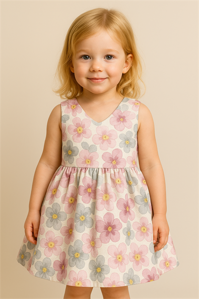 Kız Çocuk Pamuklu Çiçek Desenli  Arkası Fiyonklu Elbise