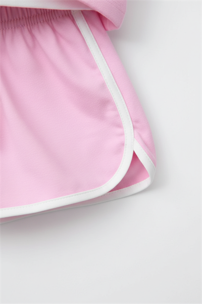 Kız Çocuk Pamuklu Pembe Baskılı T-Shirt ve Şort Takım - Kontrast Şerit Detaylı