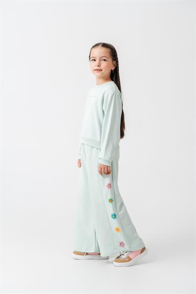 Kız Çocuk Pamuklu Mint Yeşil Çiçek Nakışlı Sweatshirt ve Eşofman Takım