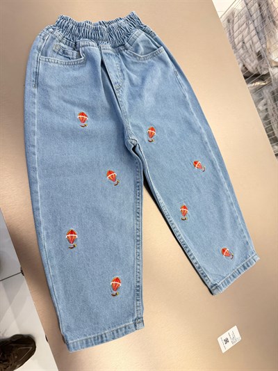 Unisex Çocuk Pamuklu Balon Nakışlı Oversize Kot Pantolon