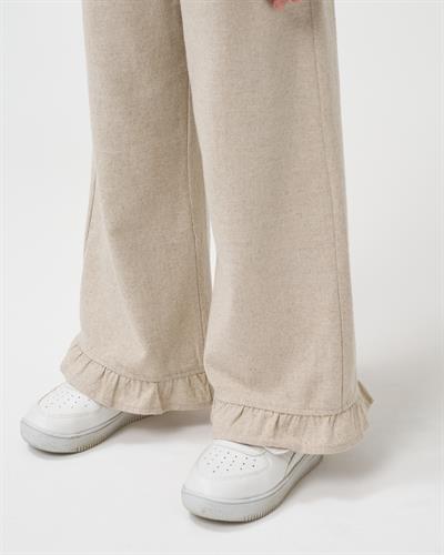 Kız Çocuk Keten Bej Fırfır Detaylı Düğmeli Bol Paça Pantolonlu İkili Takım