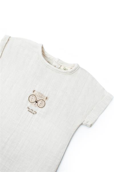 Erkek Bebek Müslin Ekru Ayıcık Baskılı T-shirt ve Cepli Şort Takımı