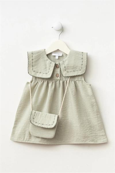 Kız Çocuk Pamuklu Nakışlı Çantalı Elbise 