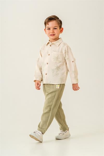 Erkek Çocuk Ekru Palmiye Desenli Gömlek ve Haki Keten Pantolon Takımı