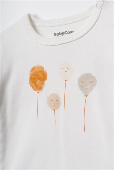 Unisex Bebek Pamuklu Ekru Hardal Tişört Şort Takım - Çiçek Baskılı