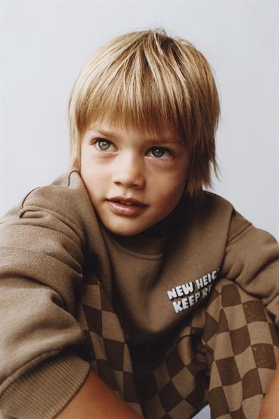 Erkek Çocuk Pamuklu Kahverengi Checkered Desenli Eşofman Takımı - New Heights Yazı Detaylı